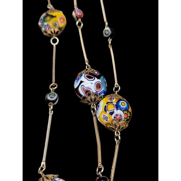 Venetian Murano Millefiori Art Glass Bead Necklace Bar Link Stations 40" Opera - Picture 12 of 16